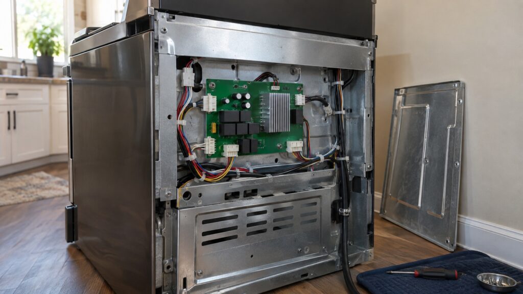 An electronic control board with connectors seen through the open rear panel of a range