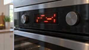 An oven control panel with an unreadable fault code glowing on its display