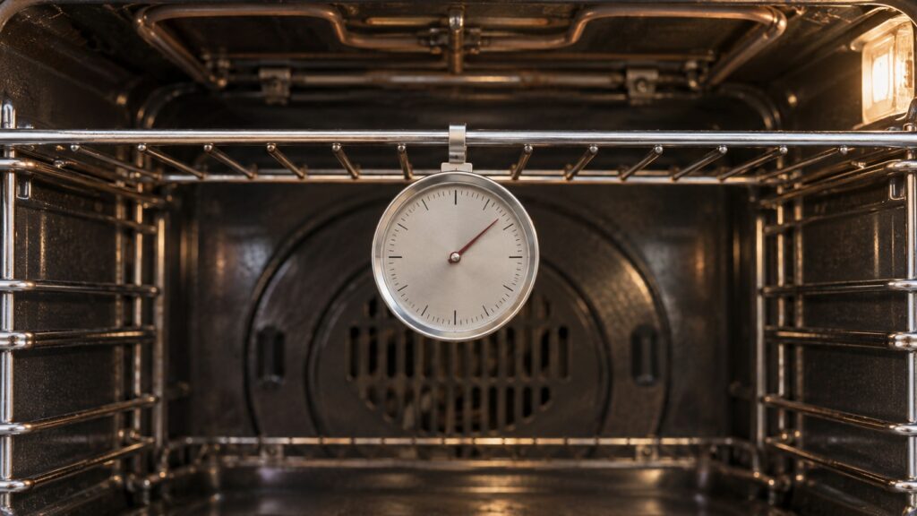 An oven thermometer hanging from a rack in the center of a vaulted oven