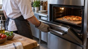A cook opening a vaulted oven door to a baking stone with a pizza