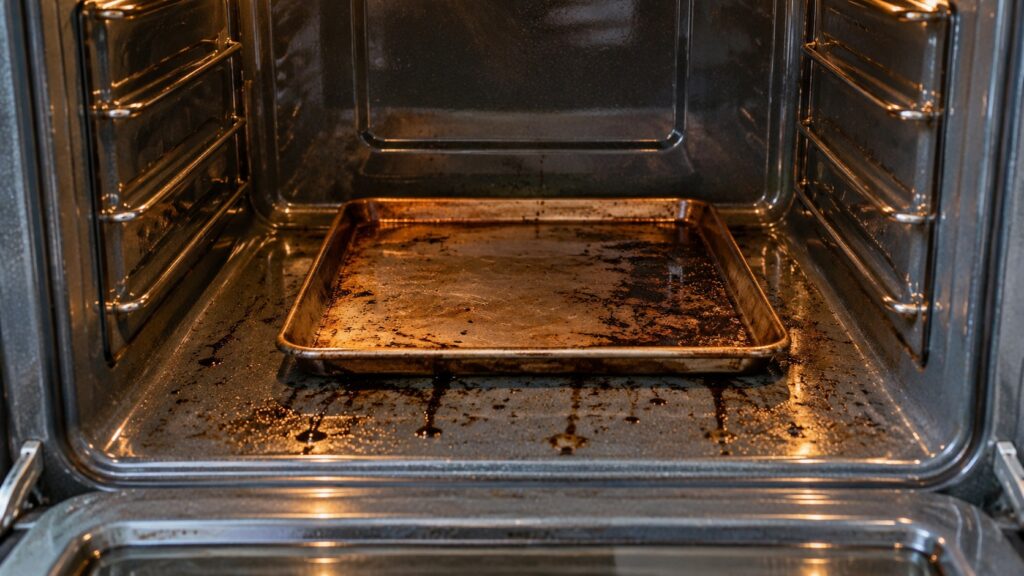 A baking sheet with dark grease drips on the floor of an oven cavity