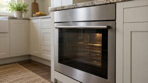 A closed oven door with a faint wisp of smoke at the seam in a home kitchen