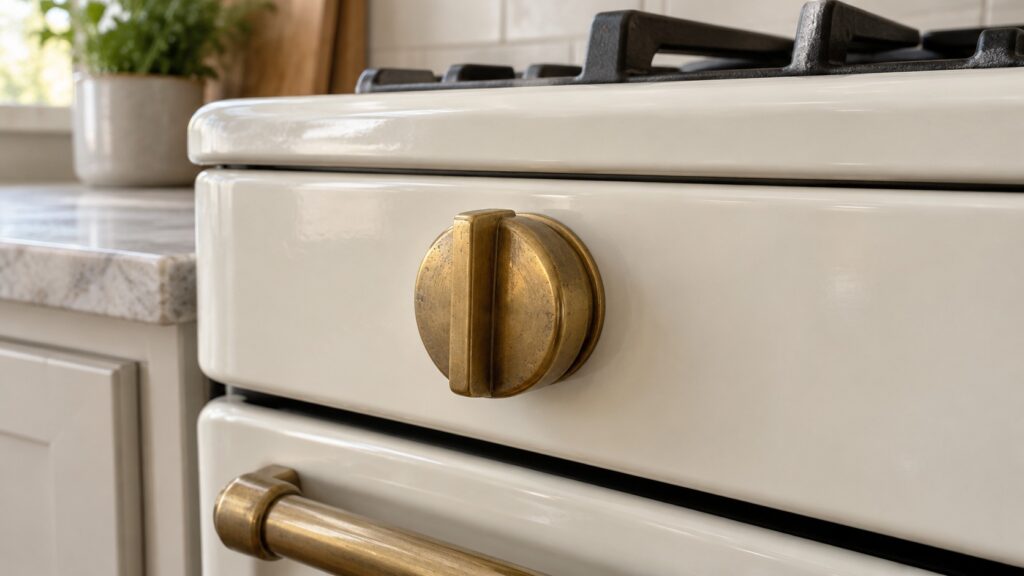 A close view of a heavy brass knob and enamel control strip on a freestanding range