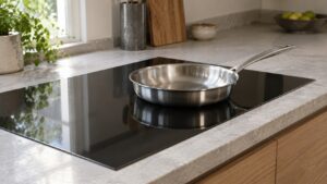 A smooth black induction cooktop set into a stone counter with one steel pan on a zone