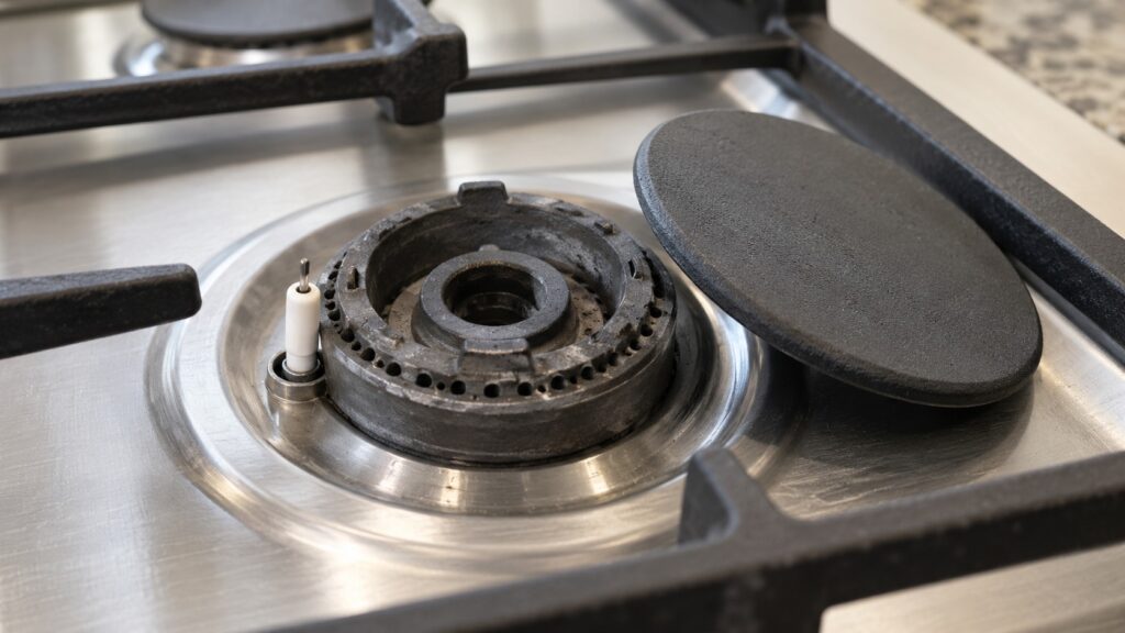 A burner crown with its cap lifted off, showing a ring of small ports and a spark electrode beside it