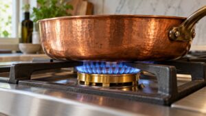 A brass burner on a luxury range with a steady ring of blue flame under a copper pan
