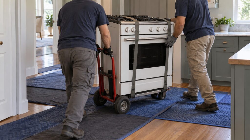 Two people guiding a heavy enamel range on a strapped appliance dolly across a protected wooden floor