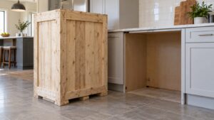 A large wooden shipping crate standing in a spacious kitchen next to an empty opening between cabinets