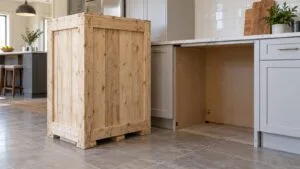 A large wooden shipping crate standing in a spacious kitchen next to an empty opening between cabinets