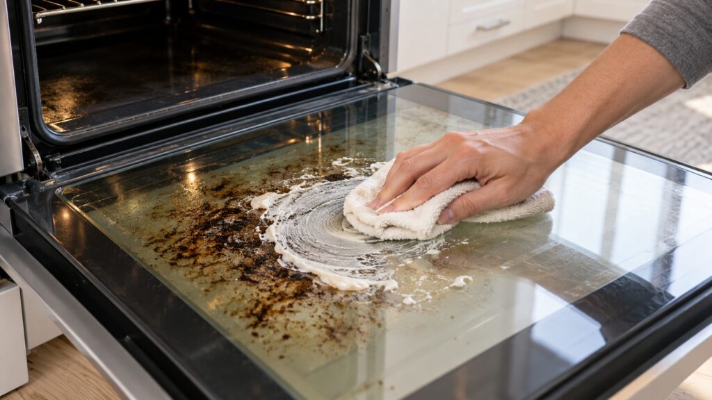 A hand spreading a pale paste over a baked-on stain on the inside of an oven door glass using a soft cloth