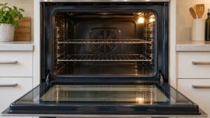 A large enamel oven door with a clean glass window showing a softly lit empty oven interior