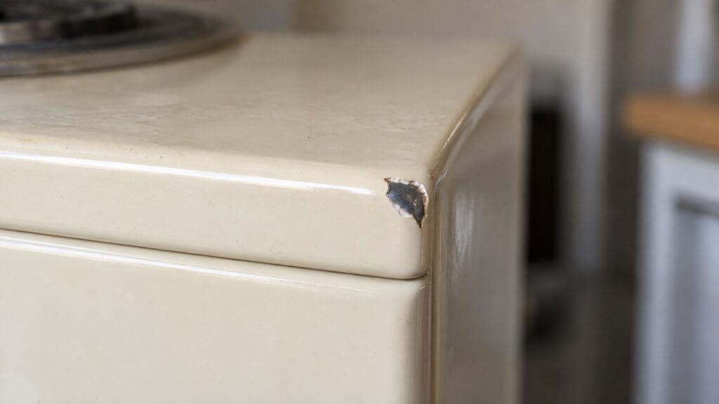 A close view of the edge of an enamel panel with one small chip showing dark metal beneath the cream finish
