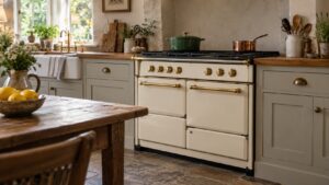 An older cream enamel range with brass trim in a lived-in country kitchen with warm light from a window