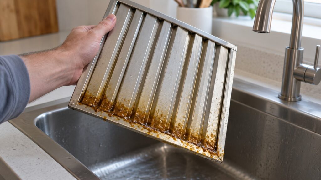 A hand holding a metal baffle filter with a band of grease along one edge over a kitchen sink
