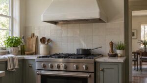 A large enamel range hood above a range where a pan sits on a back burner with a light wisp of steam rising toward the hood