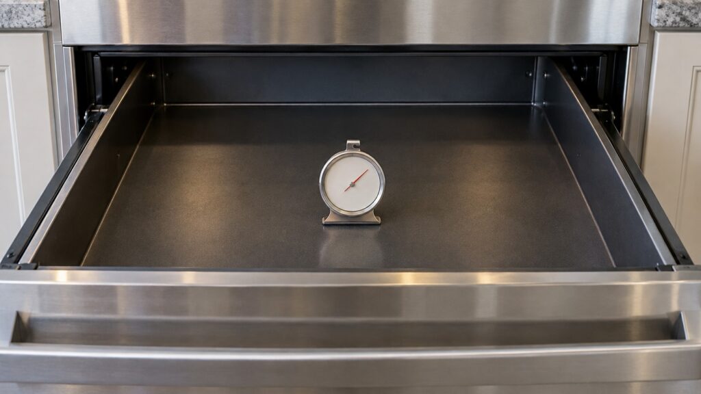 A small oven-safe dial thermometer standing in the middle of an empty warming drawer