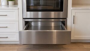 A warming drawer pulled open beneath a wall oven showing an empty cool metal interior