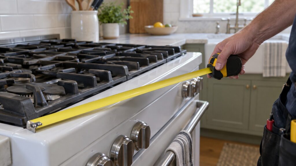 A hand holding a tape measure along the edge of a wide enamel range with cast-iron grates on the cooktop