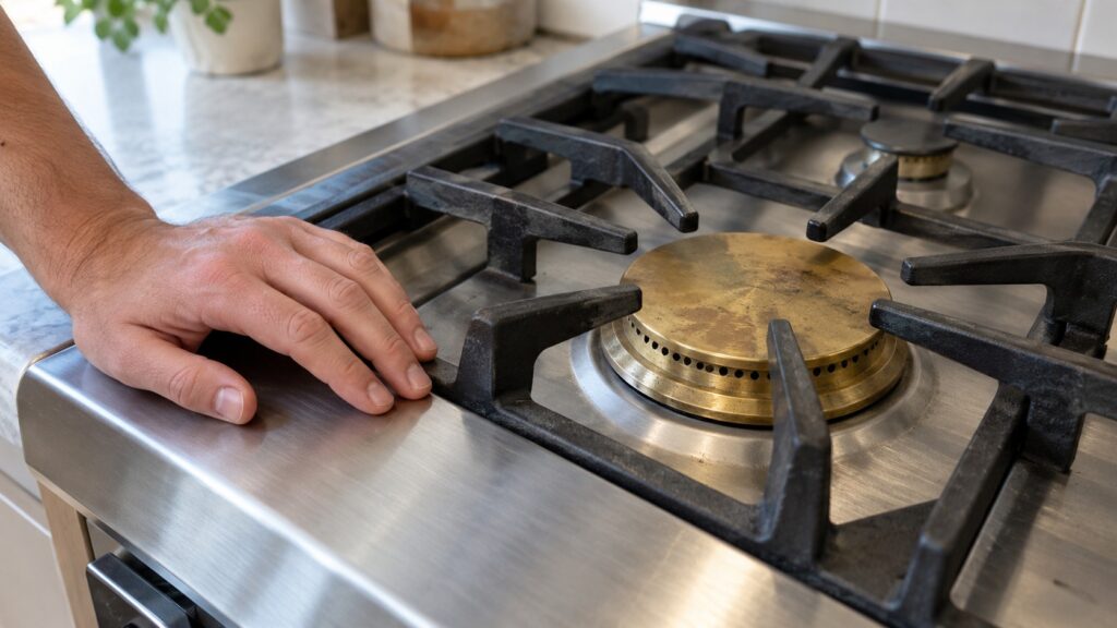 A hand resting beside a large brass burner head and a cast iron grate on a cooled rangetop, no text or markings