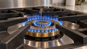 A gas burner with an even blue flame on a brass burner body, seen close up on a large range, with no text or markings