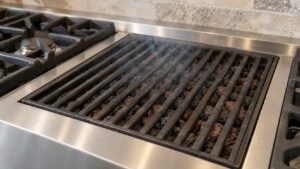 A built-in lava rock grill module on a large range with a light haze rising above the grate, no text or markings
