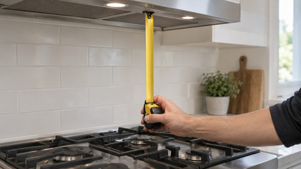 A hand holding a tape measure between the burners of a range and the lower edge of the hood above it, no text or markings