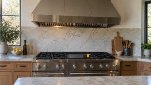 A large range hood above a big range in a spacious kitchen with a tape measure lying on the cooktop, no text or markings