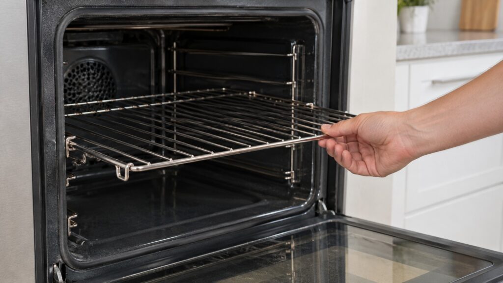 A hand sliding a metal oven rack out of the side supports of an open, cooled oven, no text or markings