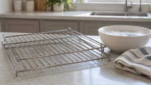 Metal oven racks resting on a counter beside a soft cloth and a bowl of warm soapy water, no text or markings