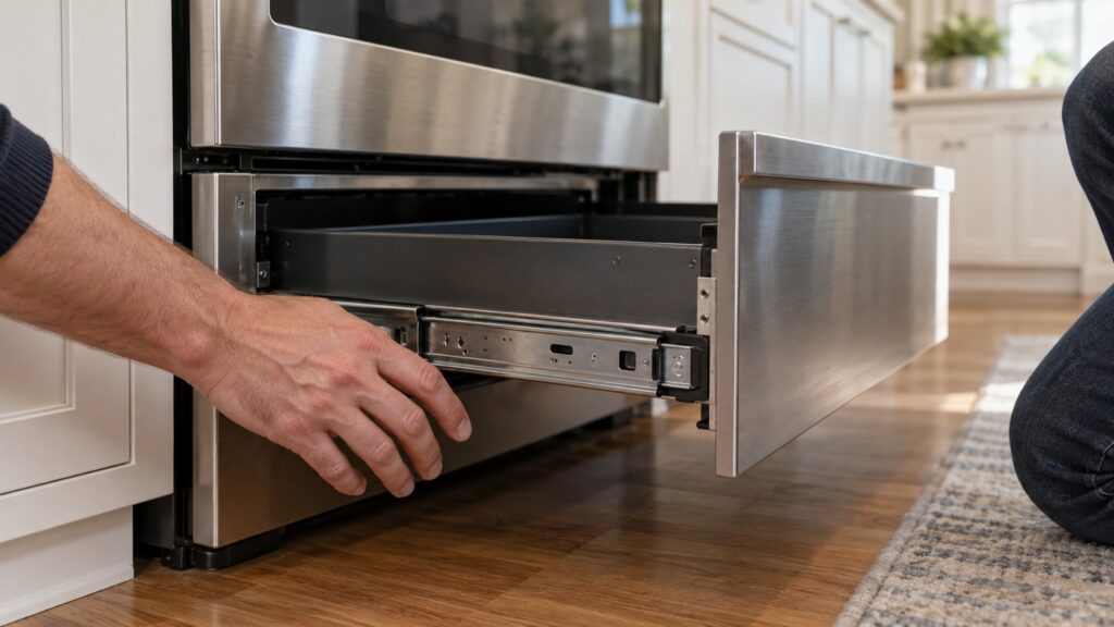 A hand resting beside the metal slide of an open warming drawer on a large range, no text or markings