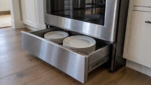 A pulled-out warming drawer at the base of a large range with porcelain plates stacked inside, no text or markings