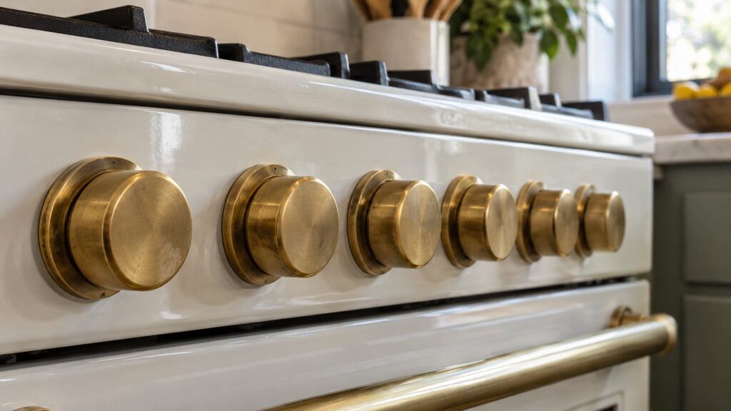 A row of large brass oven knobs on the control panel of an enamel range, no markings or lettering on them