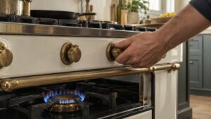 A hand turning a brass knob on a large enamel range, a calm blue flame burning on a brass burner below it