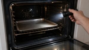 A dark oven chamber with a baking tray inside and a small flashlight held at the opening, no text or markings