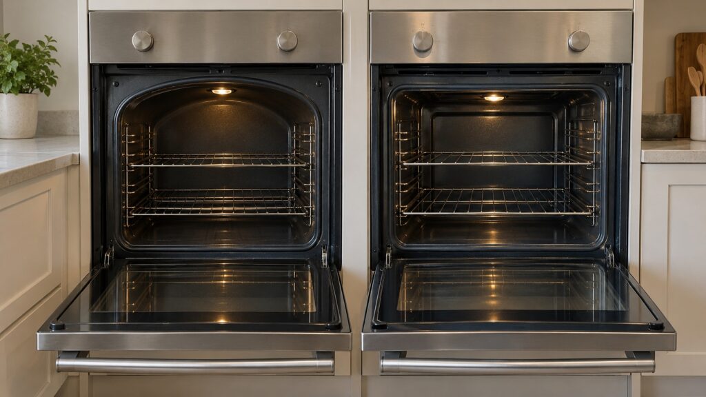 Two open oven doors side by side showing differently shaped oven cavities, one arched and one rectangular
