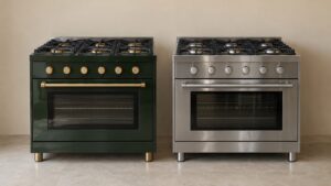 Two professional ranges of different styles side by side in a showroom, one classic with glossy enamel and the other modern in brushed stainless steel, no markings or lettering