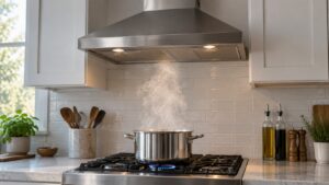 A range hood above a pot on a burner with a soft plume of steam rising toward the canopy, no text or markings