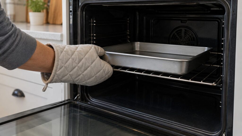 A hand in a thick quilted oven mitt sliding an oven pan onto a rack of an open oven that is not yet heated, broiler off and dark, no text or markings