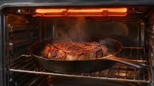A steak on a pan under a glowing hot top element inside an oven, warm light, no text or markings