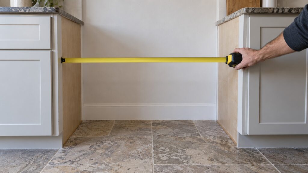 A hand holding a tape measure across the empty alcove for a range on a stone floor, no text or markings
