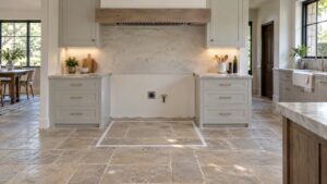 A spacious kitchen with a stone floor and painted floor markings showing where a large range will go, no text or markings