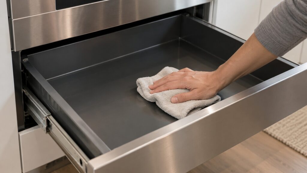 A hand wiping the floor of an empty, pulled-out warming drawer with a soft cloth, no text or markings