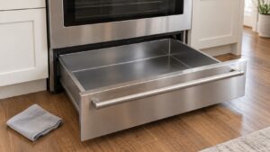A pulled-out warming drawer of a large range, empty and clean, with a soft cloth laid beside it, no text or markings