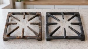 Two cast iron stove grates side by side, one with orange rust spots and one clean and dark, on a counter, no text or markings