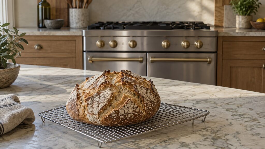 A crusty round loaf of bread resting on a cooling rack on a kitchen counter in front of a closed stainless and brass French range, no people, no text or markings