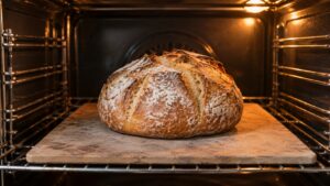 A round loaf of bread on a baking stone inside a warm glowing oven, soft light, no text or markings