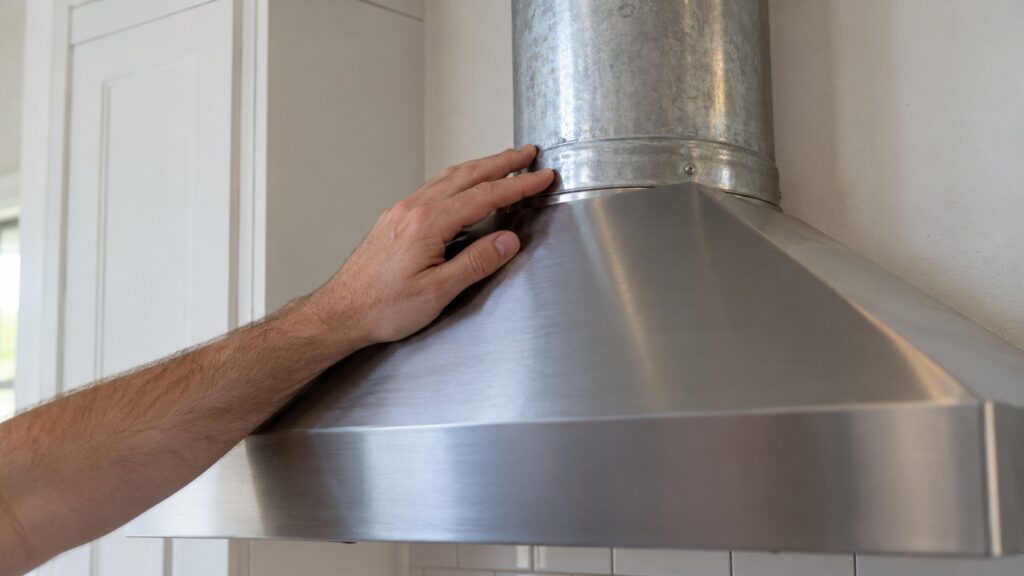 A hand resting at the join where the duct meets the top of a range hood, no text or markings