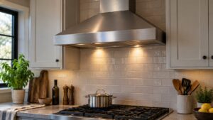A range hood over a range with a pot on a burner in the background, kitchen scene with no text or markings
